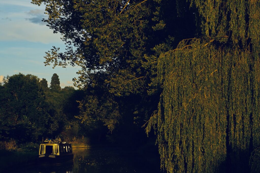 A street view of one of the canals in Leighton Buzzard, United Kingdom, in the early hours of the setting sun