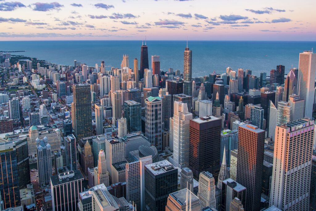 City architecture and skyscrapers near waterfront