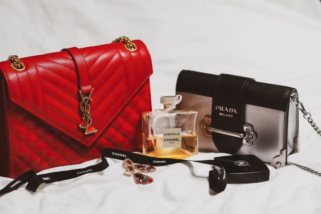 red and black leather handbag